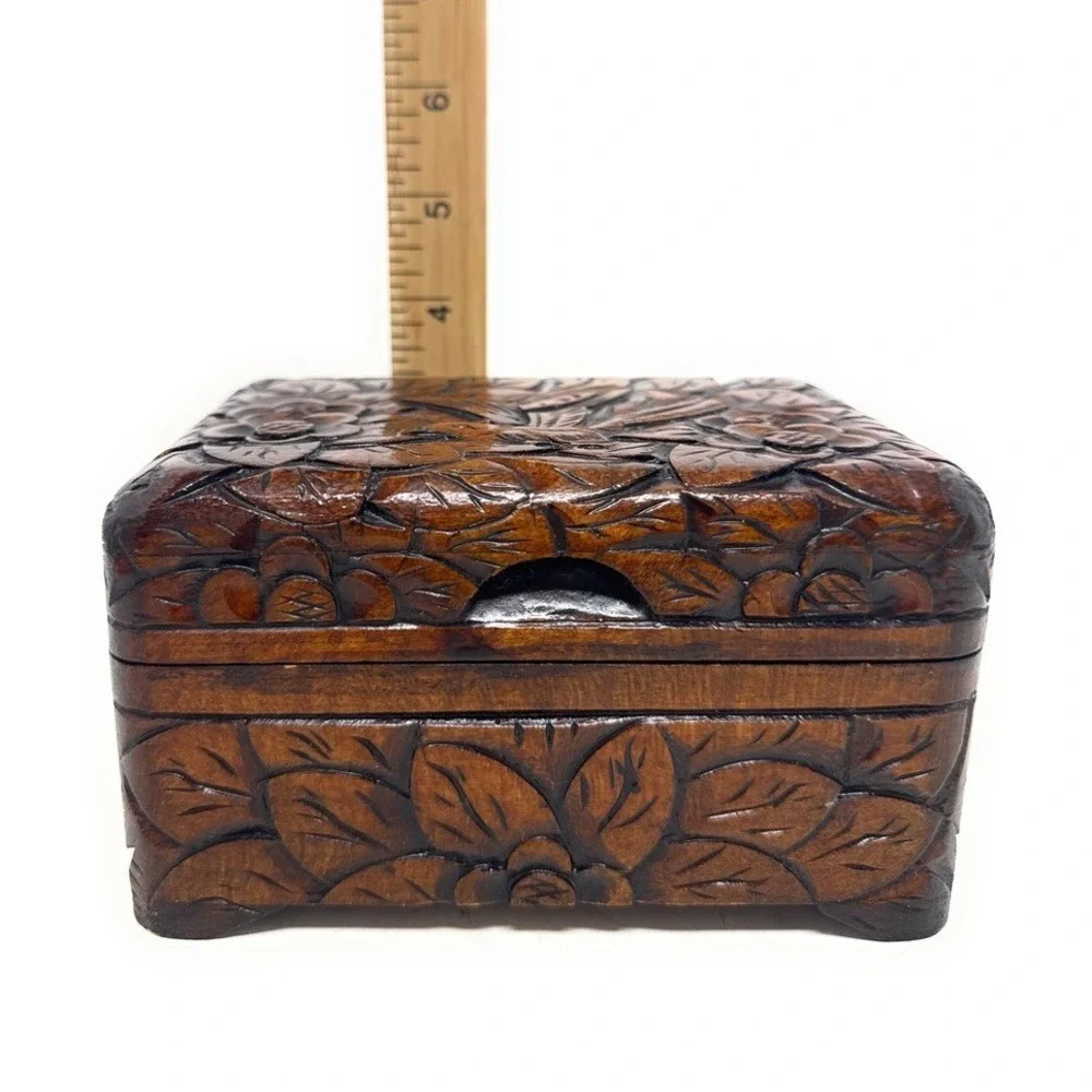 Vintage Hand Carved Camphor Wood Jewelry Box Trinket Chest